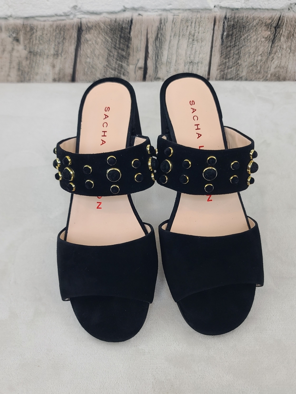 Sacha London Nina Suede Leather Studded Double Strap Open Toe Sandal in Black
